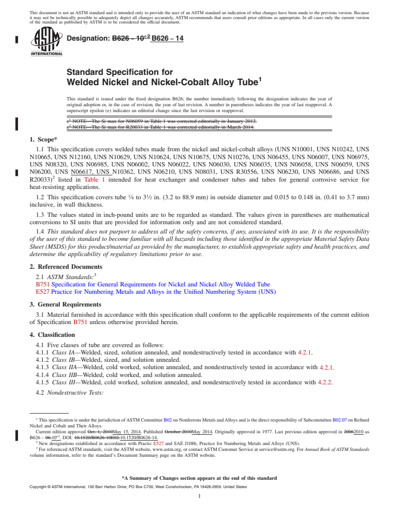 REDLINE ASTM B626-14 - Standard Specification for Welded Nickel and Nickel-Cobalt Alloy Tube