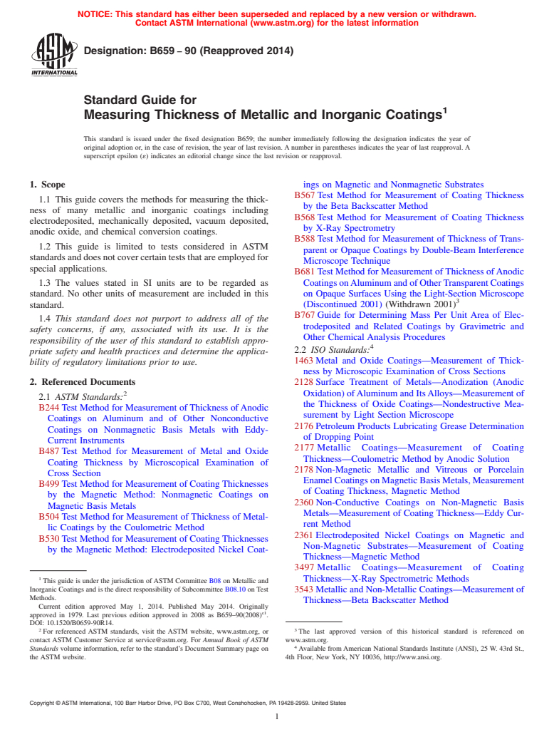 ASTM B659-90(2014) - Standard Guide For Measuring Thickness Of Metallic ...
