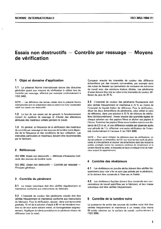 ISO 3453:1984 - Essais non destructifs -- Contrôle par ressuage -- Moyens de vérification