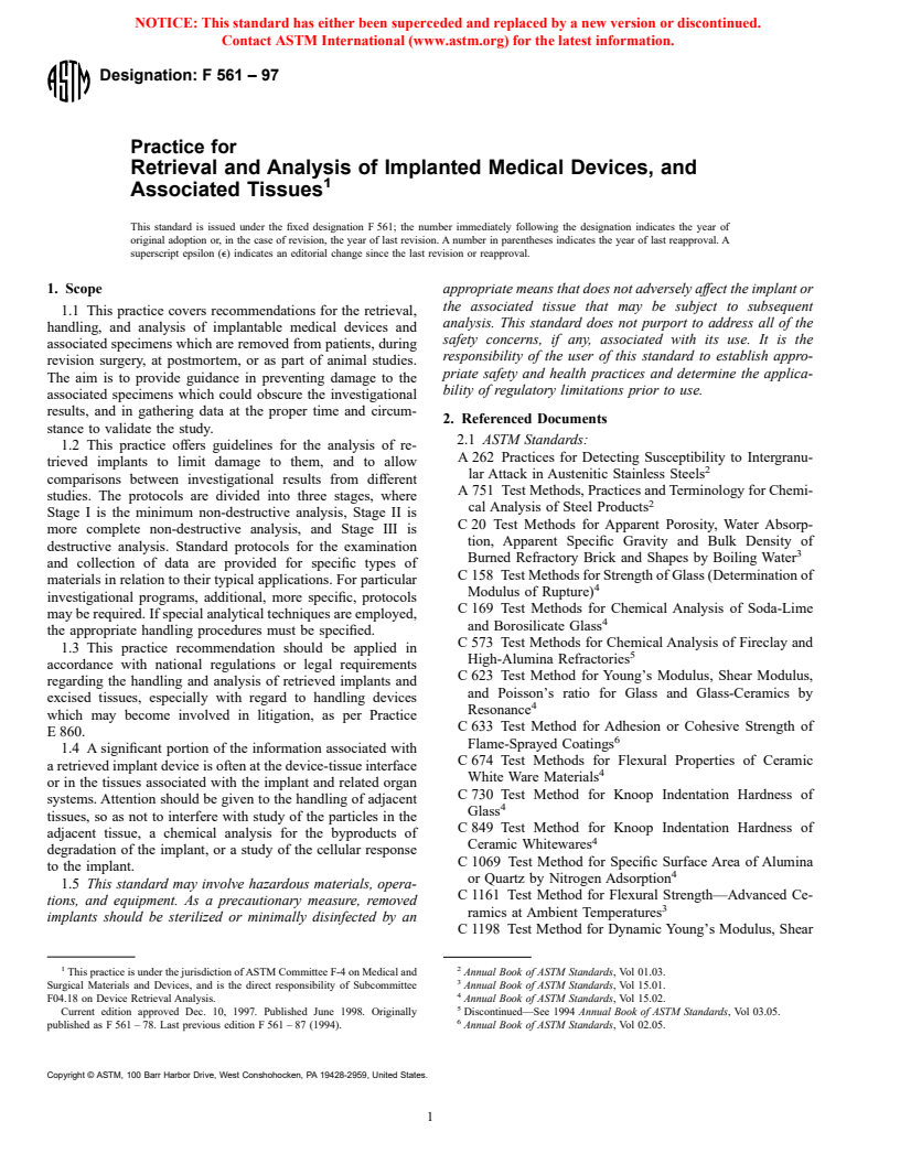 ASTM F561-97 - Practice for Retrieval and Analysis of Implanted Medical Devices, and Associated Tissues