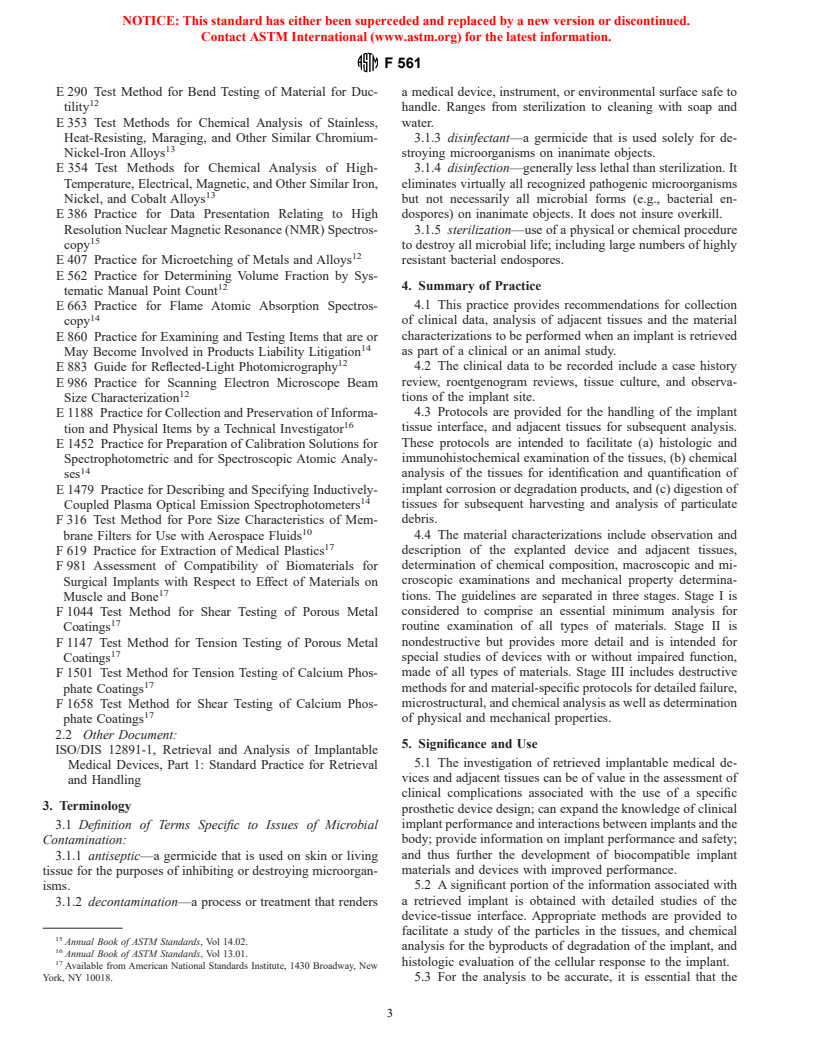 ASTM F561-97 - Practice for Retrieval and Analysis of Implanted Medical Devices, and Associated Tissues