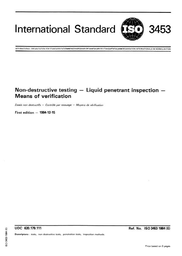 ISO 3453:1984 - Non-destructive testing -- Liquid penetrant inspection -- Means of verification