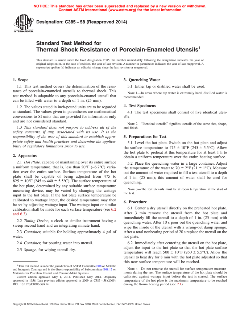 ASTM C385-58(2014) - Standard Test Method for  Thermal Shock Resistance of Porcelain-Enameled Utensils