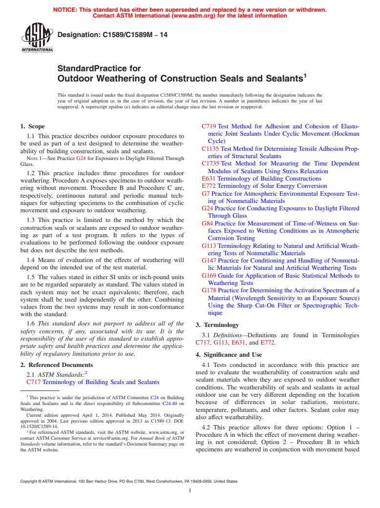 ASTM C1589/C1589M-14 - Standard Practice for Outdoor Weathering of Construction Seals and Sealants