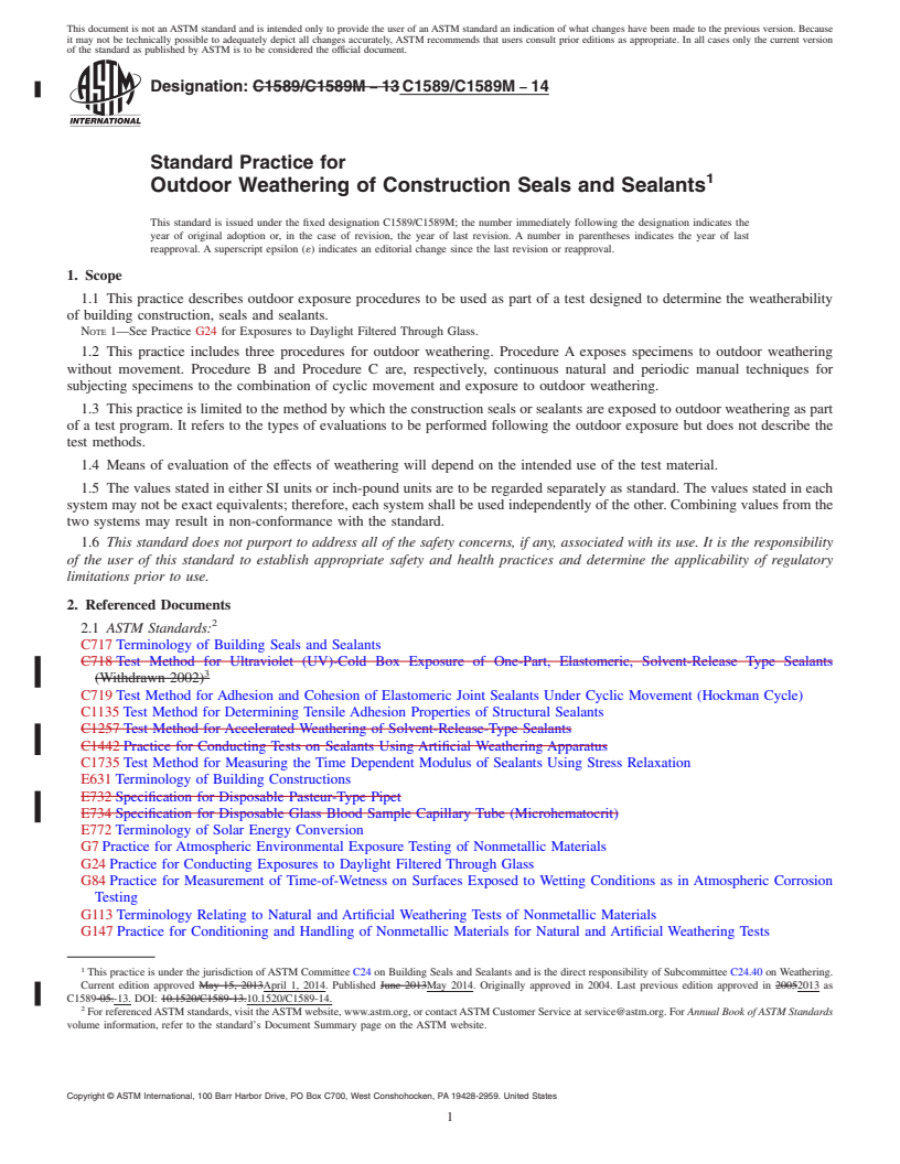 REDLINE ASTM C1589/C1589M-14 - Standard Practice for Outdoor Weathering of Construction Seals and Sealants