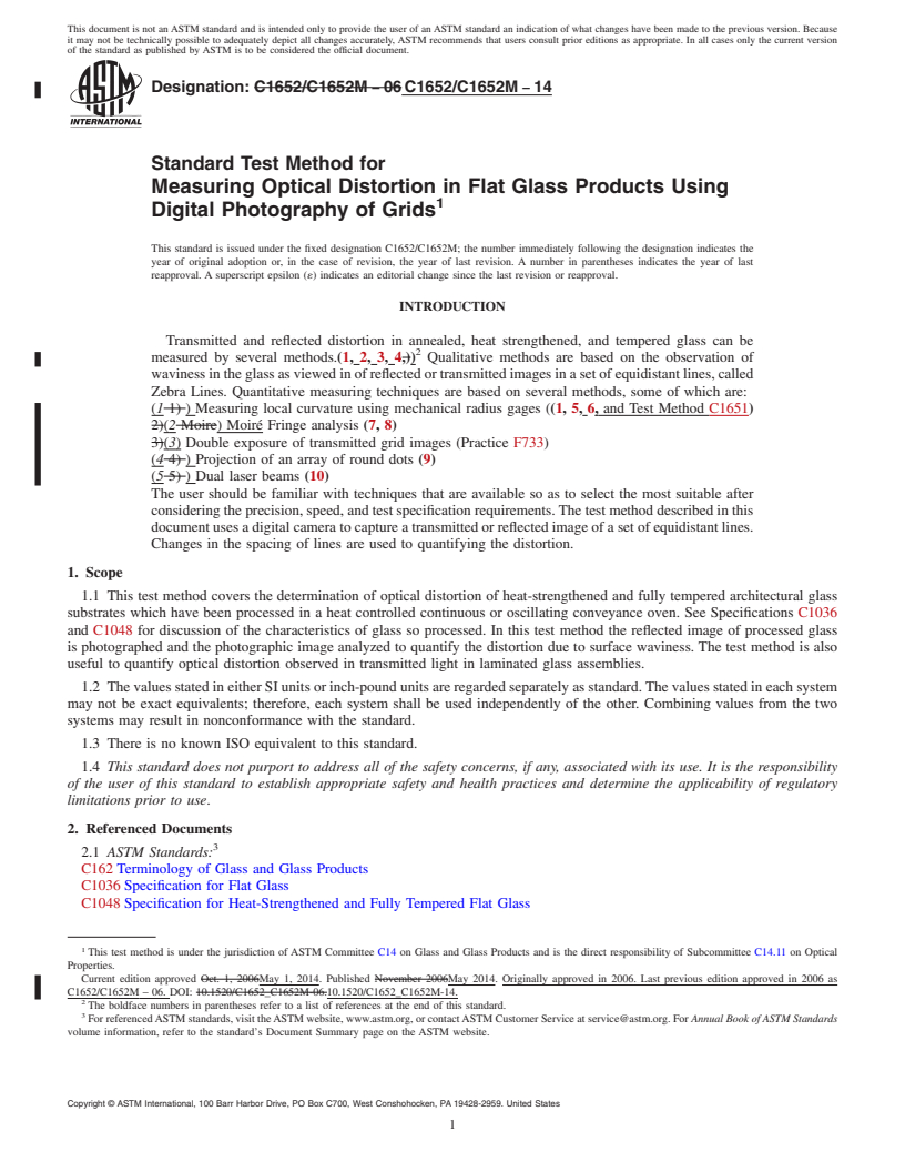 REDLINE ASTM C1652/C1652M-14 - Standard Test Method for  Measuring Optical Distortion in Flat Glass Products Using Digital   Photography  of Grids