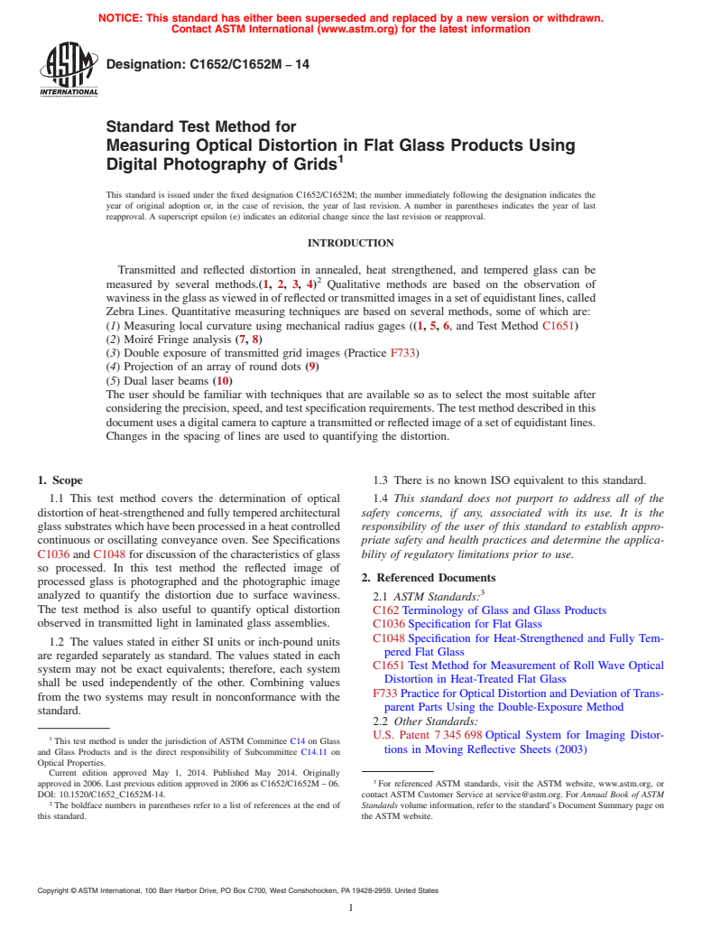 ASTM C1652/C1652M-14 - Standard Test Method for  Measuring Optical Distortion in Flat Glass Products Using Digital   Photography  of Grids