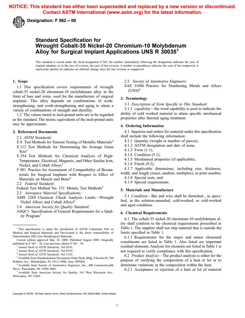 ASTM F562-00 - Standard Specification for Wrought Cobalt-35 Nickel-20 Chromium-10 Molybdenum Alloy for Surgical Implant Applications