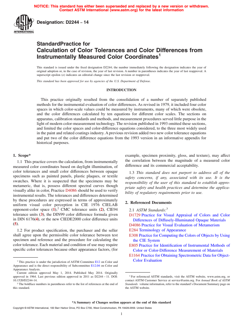 ASTM D2244-14 - Standard Practice for Calculation of Color Tolerances and Color Differences from Instrumentally Measured Color Coordinates