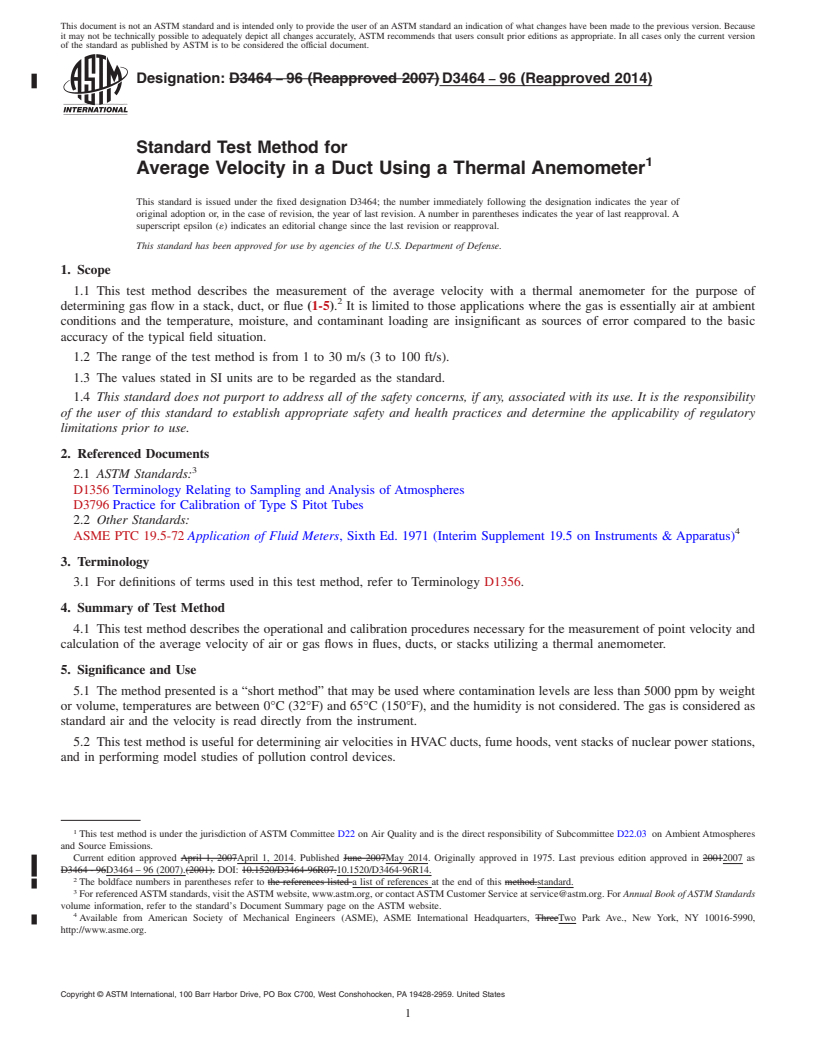 REDLINE ASTM D3464-96(2014) - Standard Test Method for  Average Velocity in a Duct Using a Thermal Anemometer