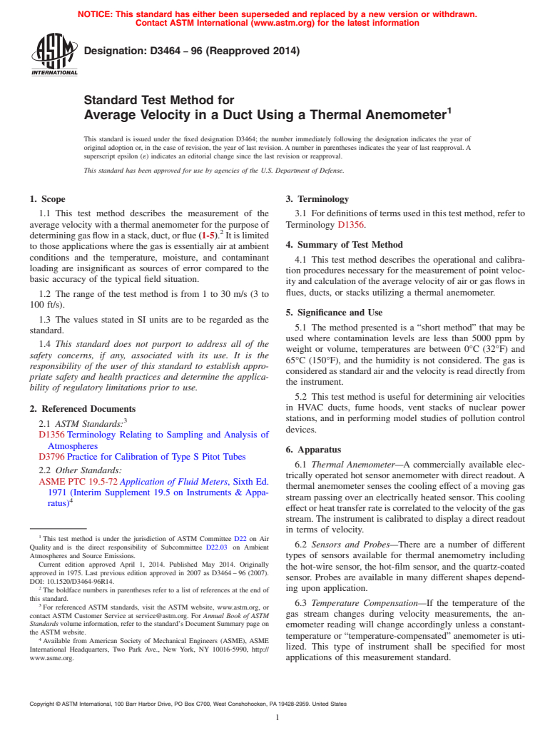 ASTM D3464-96(2014) - Standard Test Method for  Average Velocity in a Duct Using a Thermal Anemometer