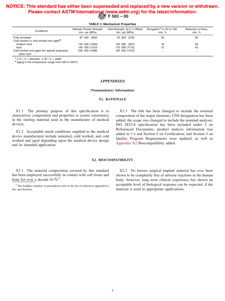 ASTM F563-00 - Standard Specification for Wrought Cobalt-20Nickel-20Chromium-3.5Molybdenum-3.5Tungsten-5Iron Alloy for Surgical Implant Applications (UNS R30563) (Withdrawn 2005)