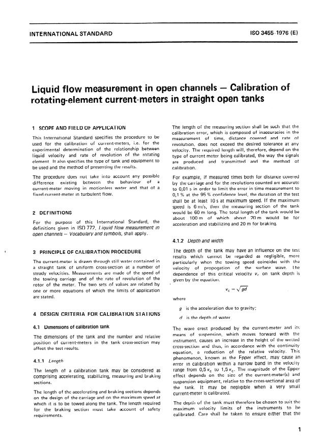 ISO 3455:1976 - Liquid flow measurement in open channels -- Calibration of rotating-element current-meters in straight open tanks