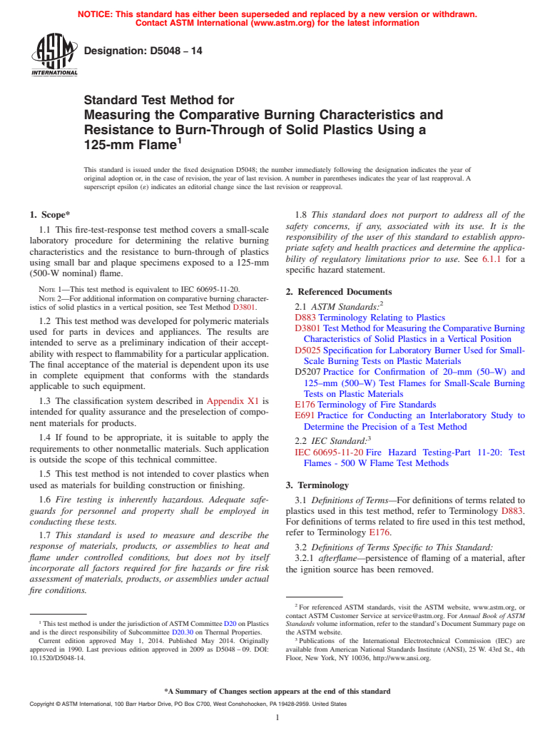 ASTM D5048-14 - Standard Test Method for  Measuring the Comparative Burning Characteristics and Resistance  to Burn-Through of Solid Plastics Using a 125-mm Flame