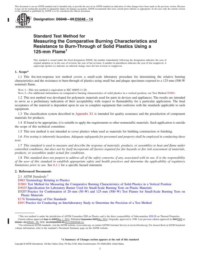 REDLINE ASTM D5048-14 - Standard Test Method for  Measuring the Comparative Burning Characteristics and Resistance  to Burn-Through of Solid Plastics Using a 125-mm Flame