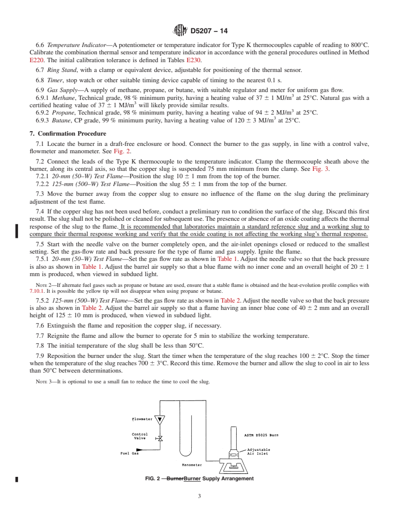 REDLINE ASTM D5207-14 - Standard Practice for  Confirmation of 20&ndash;mm &#40;50&ndash;W&#41; and 125&ndash;mm &#40;500&ndash;W&#41;  Test Flames for Small-Scale Burning Tests on Plastic Materials