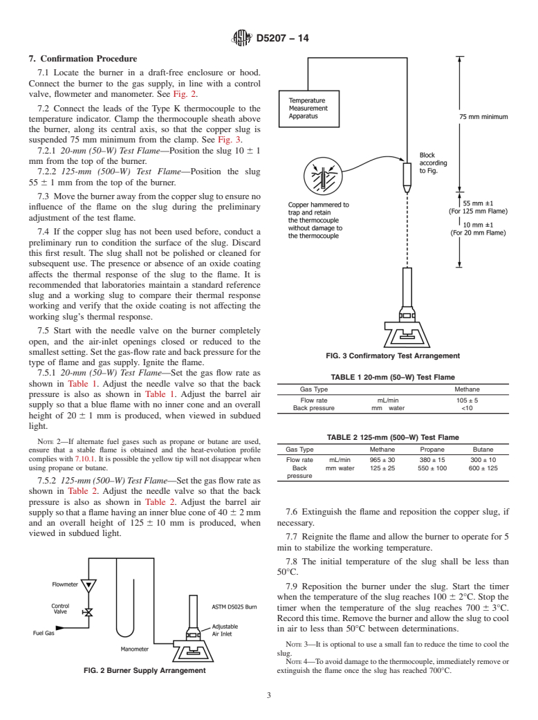 ASTM D5207-14 - Standard Practice for  Confirmation of 20&ndash;mm &#40;50&ndash;W&#41; and 125&ndash;mm &#40;500&ndash;W&#41;  Test Flames for Small-Scale Burning Tests on Plastic Materials