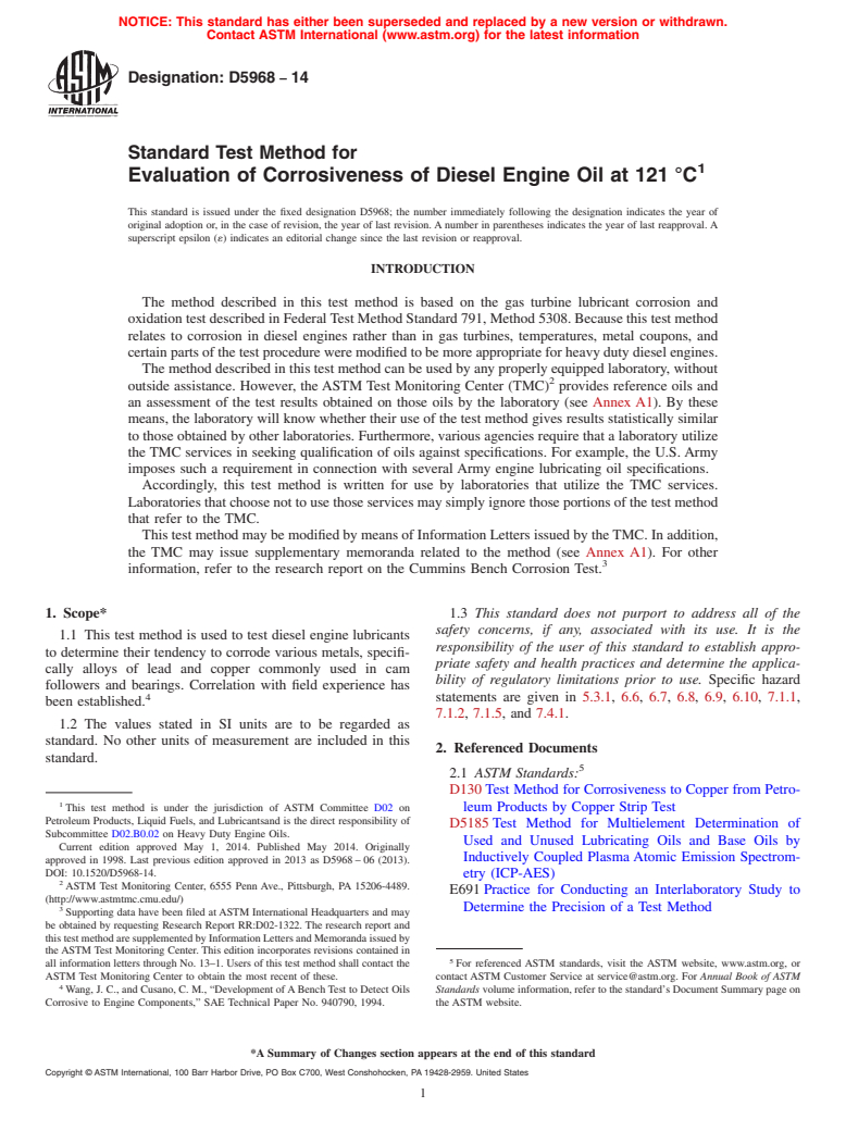 ASTM D5968-14 - Standard Test Method for  Evaluation of Corrosiveness of Diesel Engine Oil at 121&deg;C