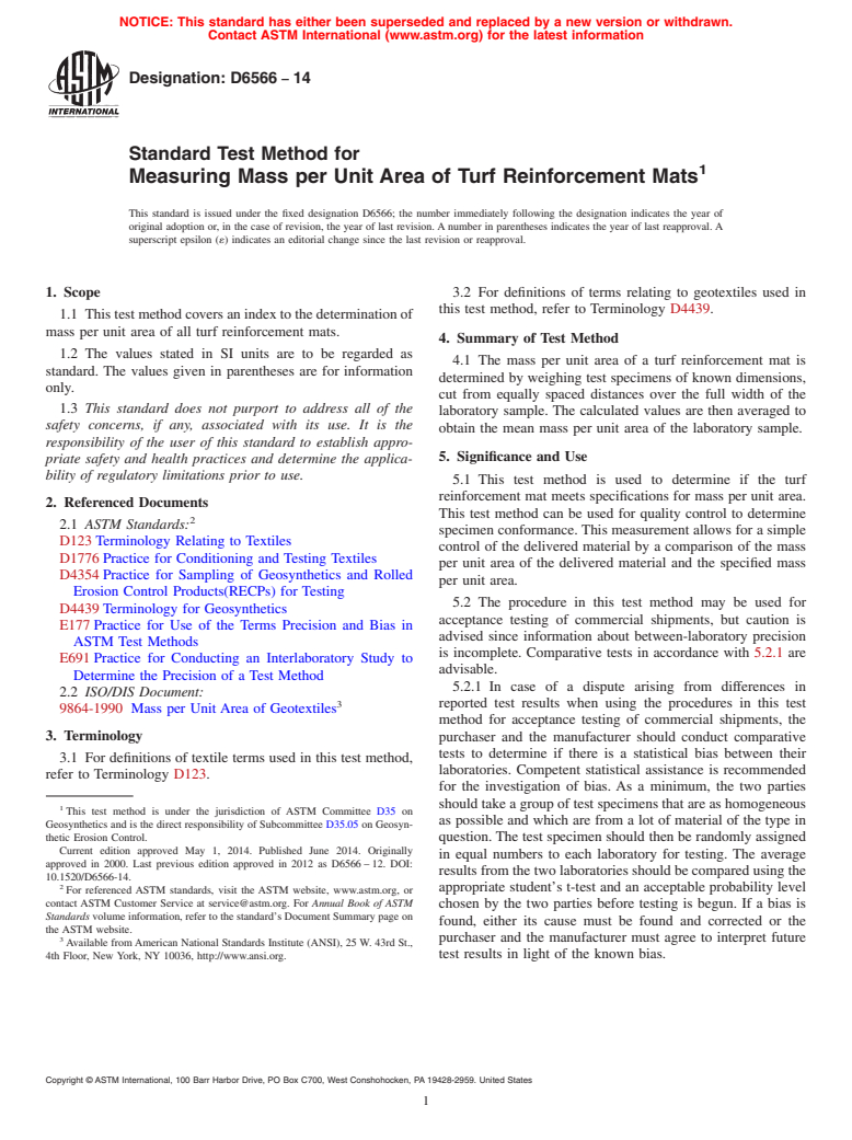 ASTM D6566-14 - Standard Test Method for Measuring Mass per Unit Area of Turf Reinforcement Mats