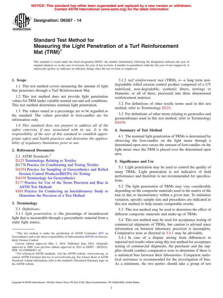 ASTM D6567-14 - Standard Test Method for  Measuring the Light Penetration of a Turf Reinforcement Mat  &#40;TRM&#41;