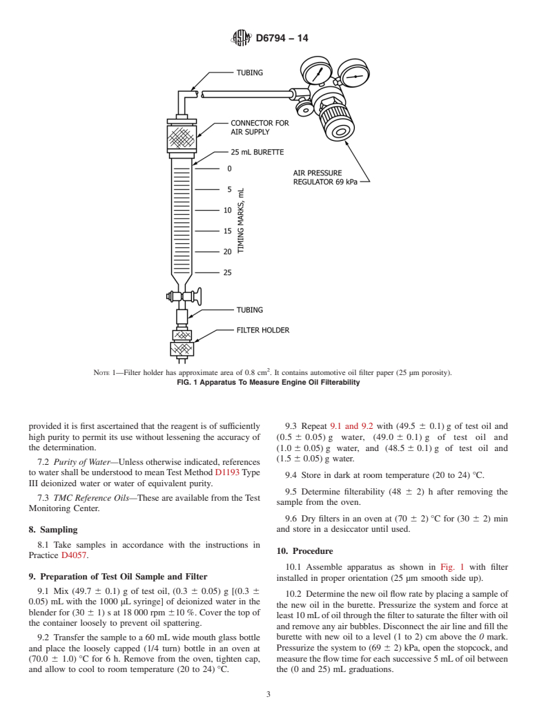 ASTM D6794-14 - Standard Test Method for Measuring the Effect on Filterability of Engine Oils After Treatment with Various Amounts of Water and a Long&#40;6&#8201;h&#41; Heating  Time