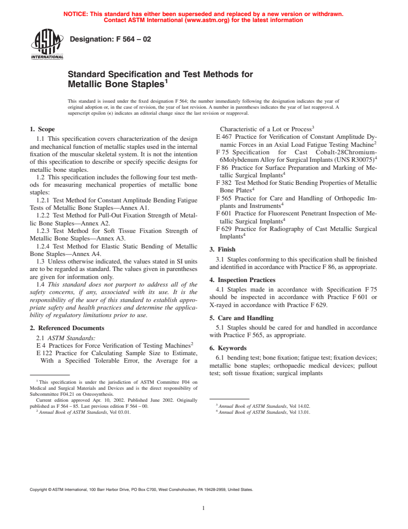 ASTM F564-02 - Standard Specification and Test Methods for Metallic Bone Staples