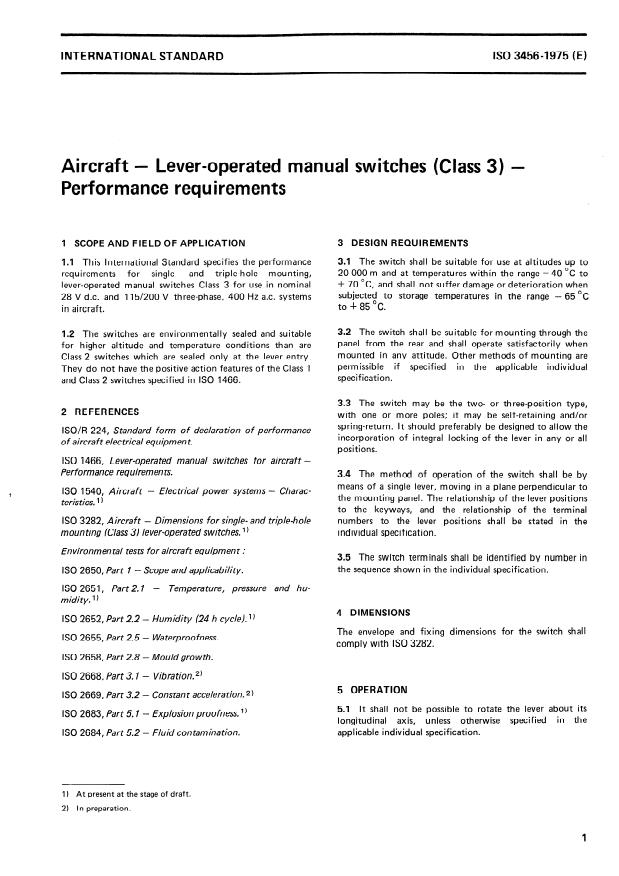 ISO 3456:1975 - Aircraft -- Lever-operated manual switches (Class 3) -- Performance requirements