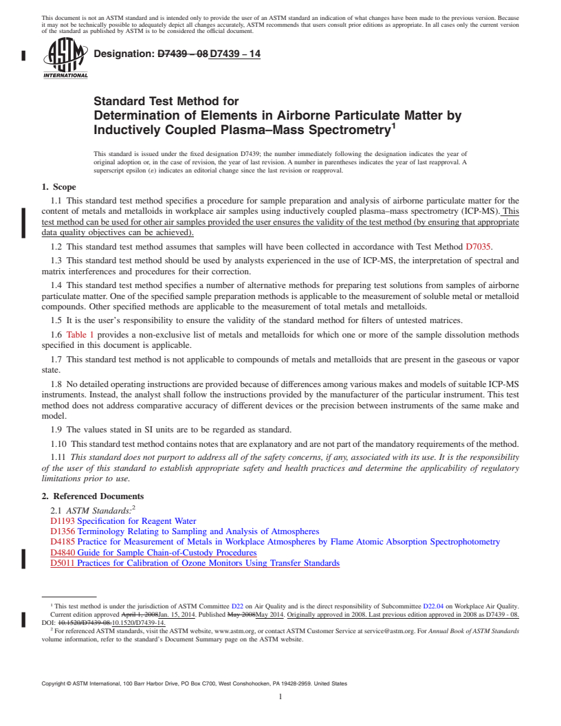 REDLINE ASTM D7439-14 - Standard Test Method for Determination of Elements in Airborne Particulate Matter by  Inductively Coupled Plasma&ndash;Mass Spectrometry