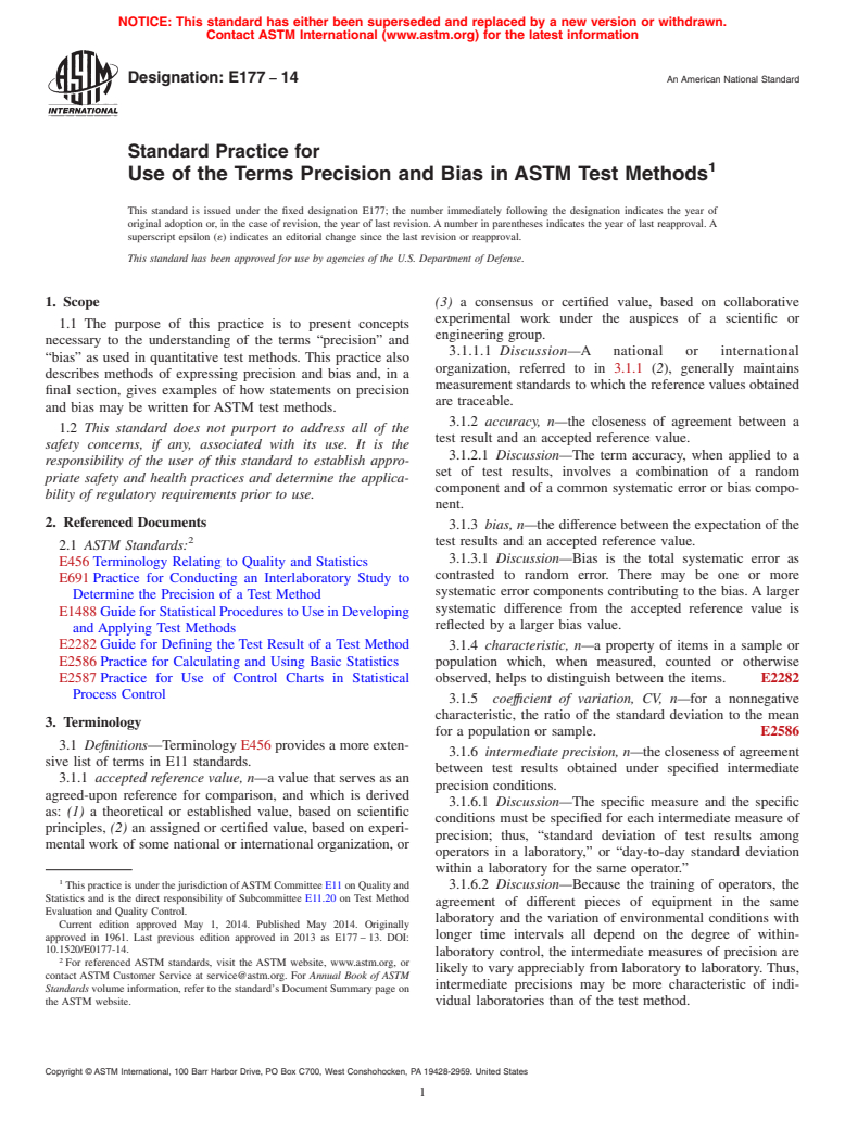 ASTM E177-14 - Standard Practice for  Use of the Terms Precision and Bias in ASTM Test Methods