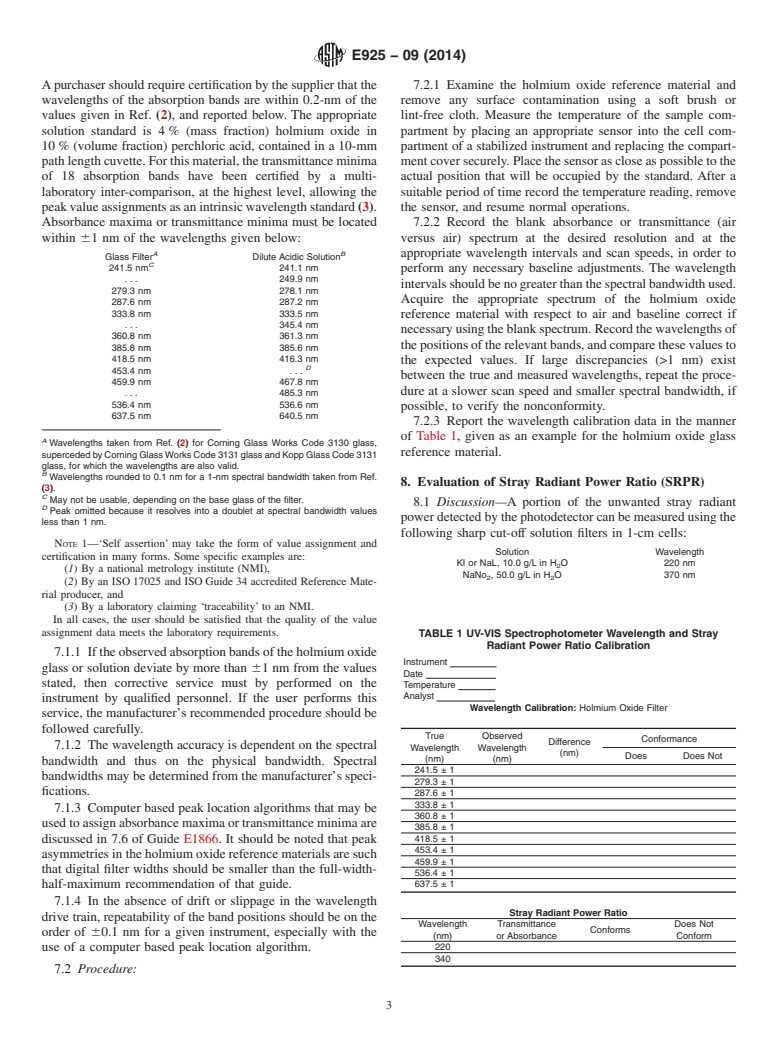 ASTM E925-09(2014) - Standard Practice for  Monitoring the Calibration of Ultraviolet-Visible Spectrophotometers  whose Spectral Bandwidth does not Exceed 2 nm