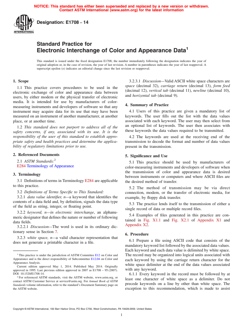 ASTM E1708-14 - Standard Practice for Electronic Interchange of Color and Appearance Data