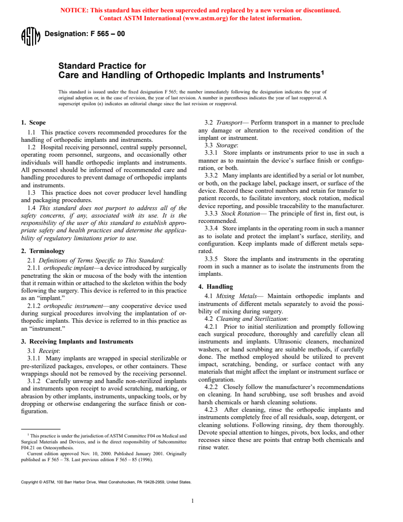 ASTM F565-00 - Standard Practice for Care and Handling of Orthopedic Implants and Instruments