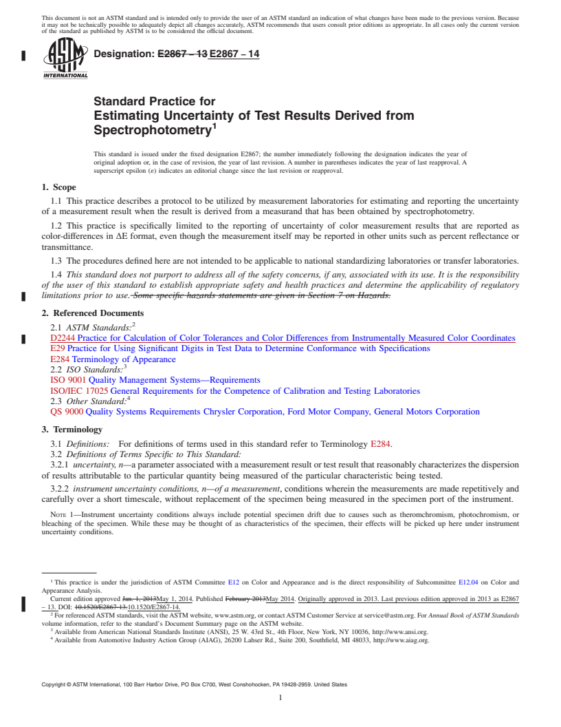 REDLINE ASTM E2867-14 - Standard Practice for Estimating Uncertainty of Test Results Derived from Spectrophotometry