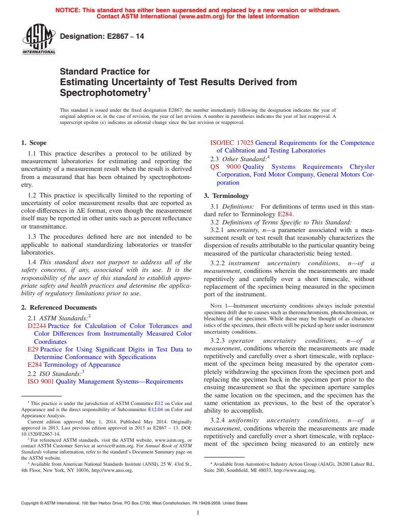 ASTM E2867-14 - Standard Practice for Estimating Uncertainty of Test Results Derived from Spectrophotometry