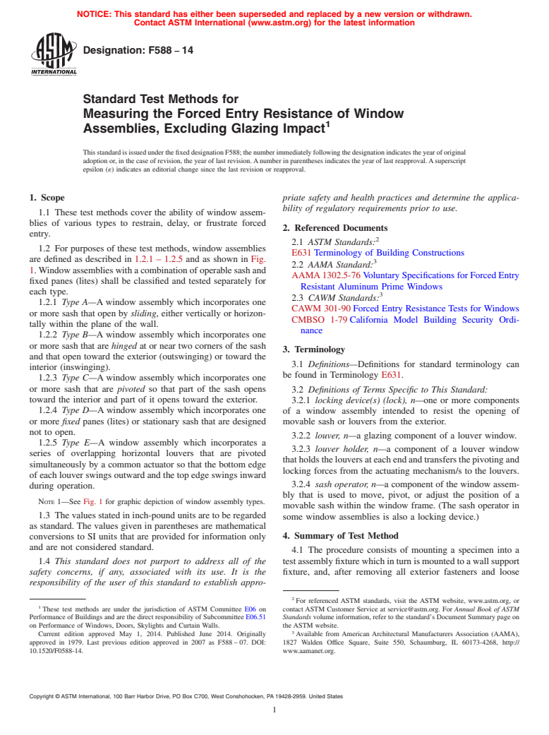 ASTM F588-14 - Standard Test Methods for Measuring the Forced Entry Resistance of Window Assemblies,  Excluding Glazing Impact