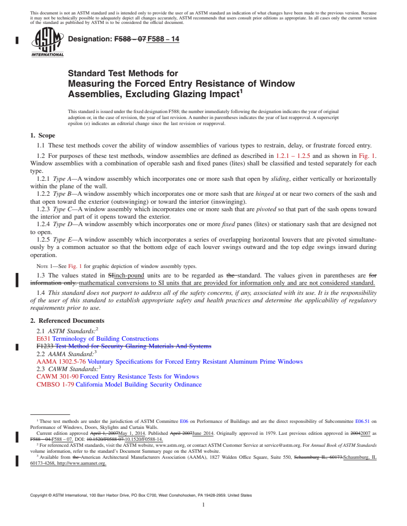 REDLINE ASTM F588-14 - Standard Test Methods for Measuring the Forced Entry Resistance of Window Assemblies,  Excluding Glazing Impact