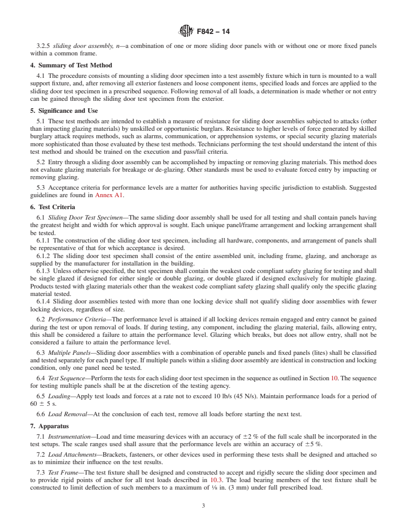 REDLINE ASTM F842-14 - Standard Test Methods for Measuring the Forced Entry Resistance of Sliding Door Assemblies,  Excluding Glazing Impact