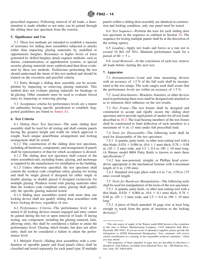 ASTM F842-14 - Standard Test Methods for Measuring the Forced Entry Resistance of Sliding Door Assemblies,  Excluding Glazing Impact