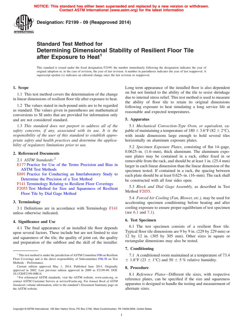 ASTM F2199-09(2014) - Standard Test Method for  Determining Dimensional Stability of Resilient Floor Tile after  Exposure to Heat