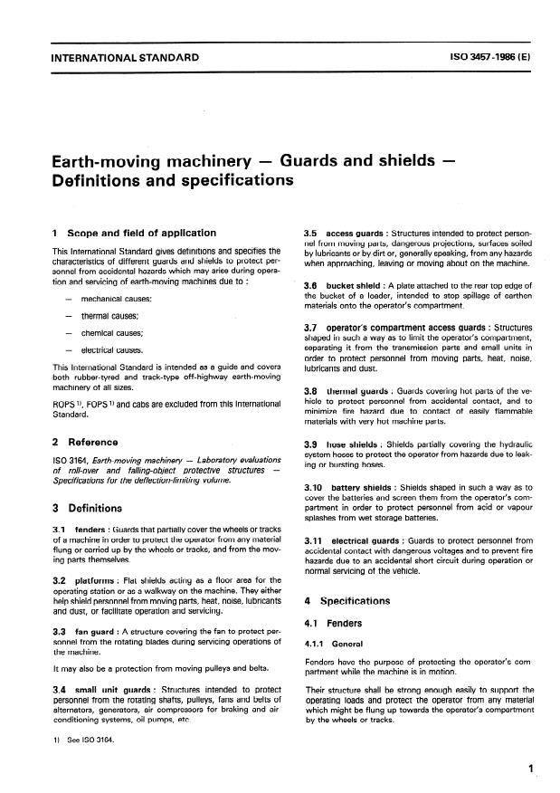 ISO 3457:1986 - Earth-moving machinery -- Guards and shields -- Definitions and specifications