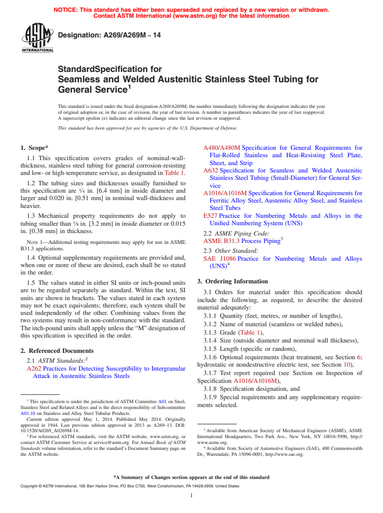 ASTM A269/A269M-14 - Standard Specification for Seamless and Welded Austenitic Stainless Steel Tubing for General Service