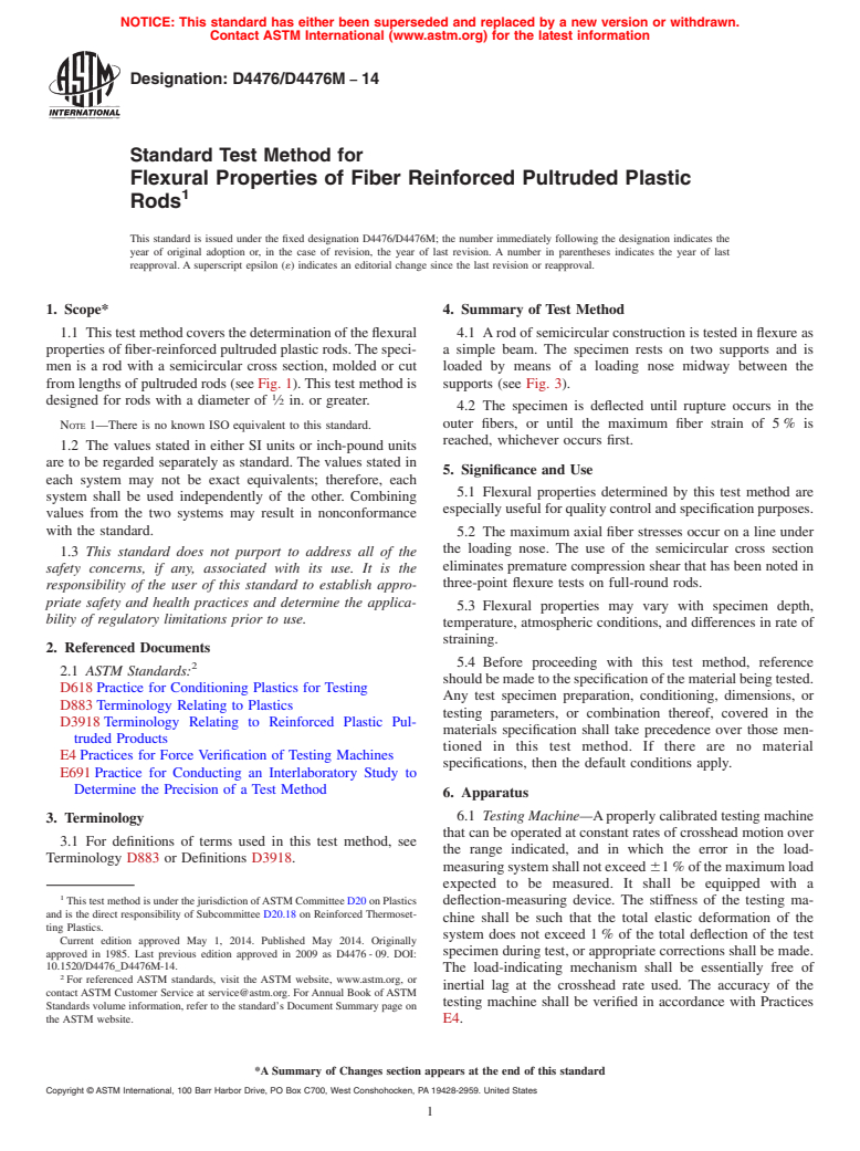 ASTM D4476/D4476M-14 - Standard Test Method for Flexural Properties of Fiber Reinforced Pultruded Plastic Rods (Withdrawn 2022)