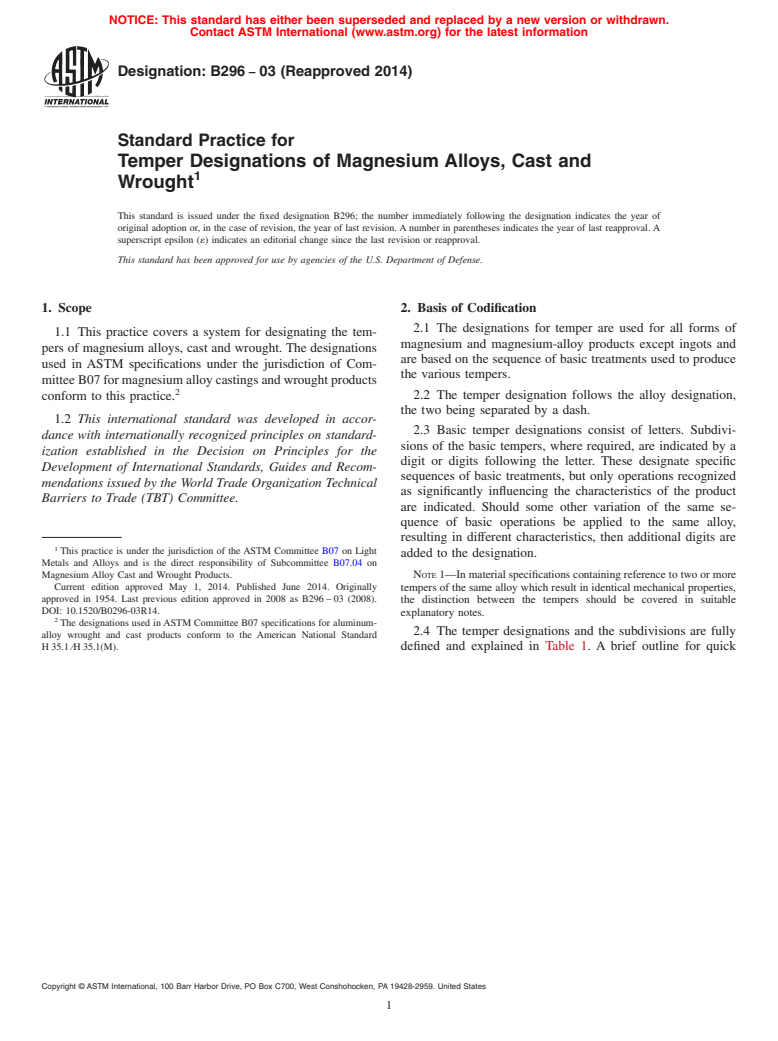 ASTM B296-03(2014) - Standard Practice for  Temper Designations of Magnesium Alloys, Cast and Wrought