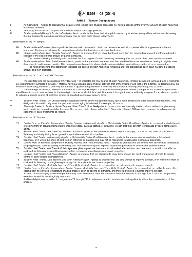 ASTM B296-03(2014) - Standard Practice for  Temper Designations of Magnesium Alloys, Cast and Wrought