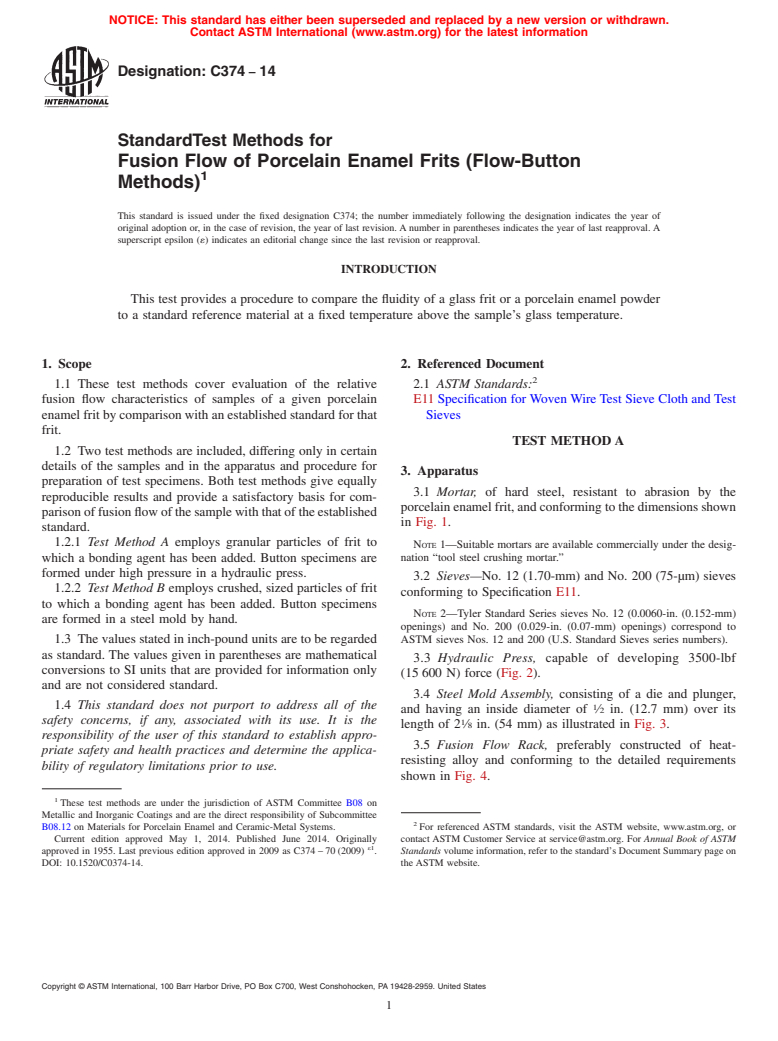 ASTM C374-14 - Standard Test Methods for  Fusion Flow of Porcelain Enamel Frits &#40;Flow-Button Methods&#41;