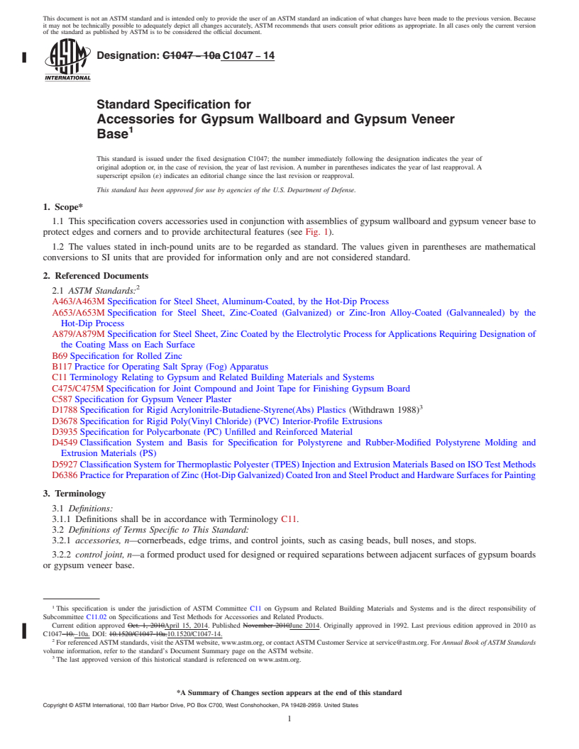 REDLINE ASTM C1047-14 - Standard Specification for  Accessories for Gypsum Wallboard and Gypsum Veneer Base