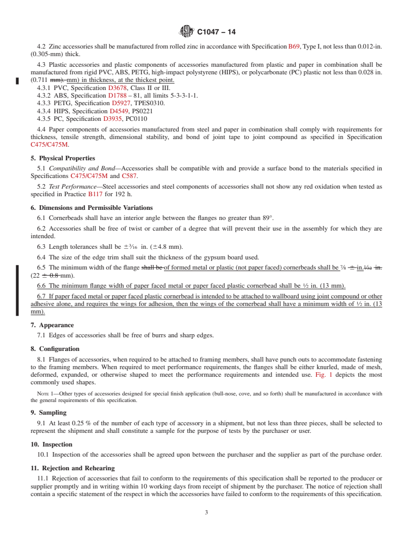 REDLINE ASTM C1047-14 - Standard Specification for  Accessories for Gypsum Wallboard and Gypsum Veneer Base