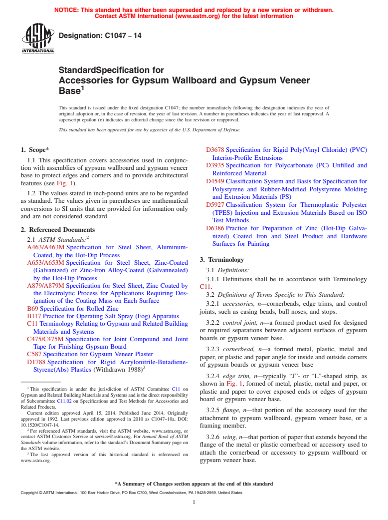 ASTM C1047-14 - Standard Specification for  Accessories for Gypsum Wallboard and Gypsum Veneer Base