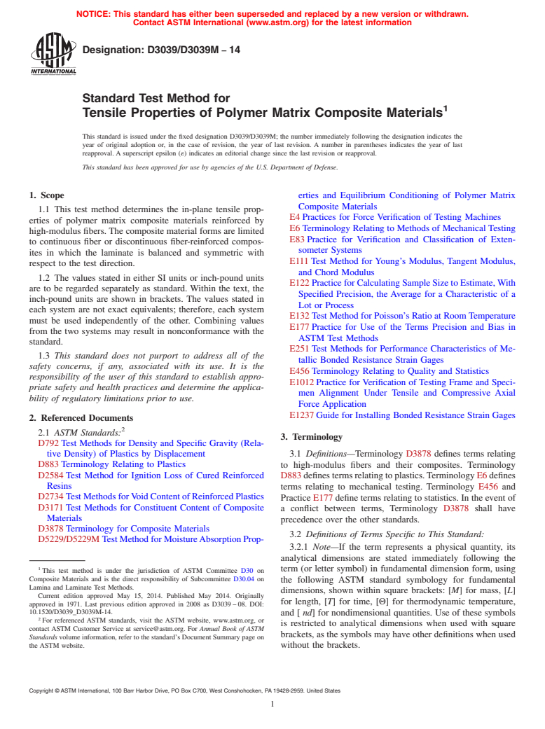 ASTM D3039/D3039M-14 - Standard Test Method for  Tensile Properties of Polymer Matrix Composite Materials