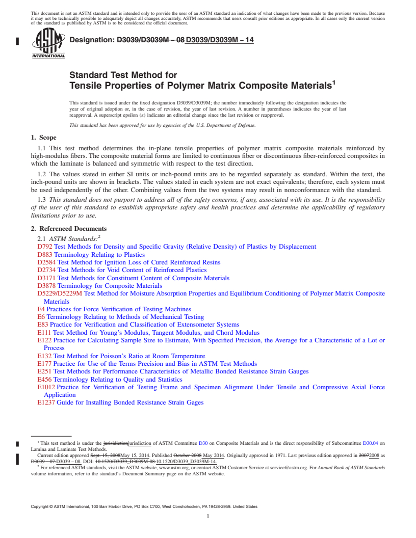 REDLINE ASTM D3039/D3039M-14 - Standard Test Method for  Tensile Properties of Polymer Matrix Composite Materials